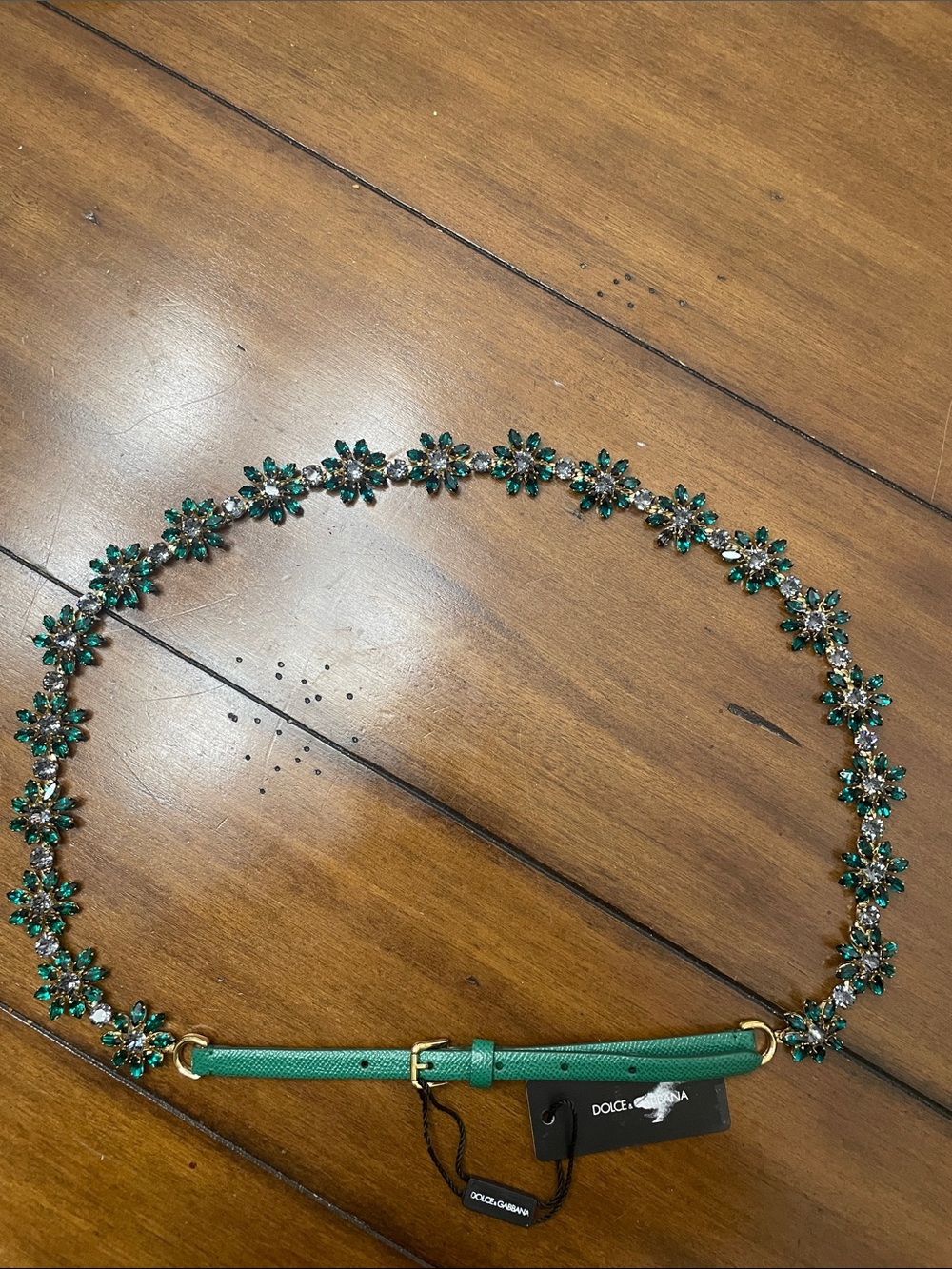 Authentic Dolce & Gabbana Crystal Green Floral Crystal Belt Strap NIB dust bag - Picture 4 of 12